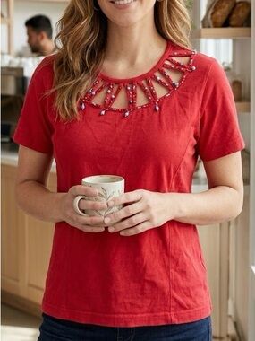 Together! Vintage Red Beaded Cutout Neckline Cotton Top Y2K 90s Boho Hippie Chic